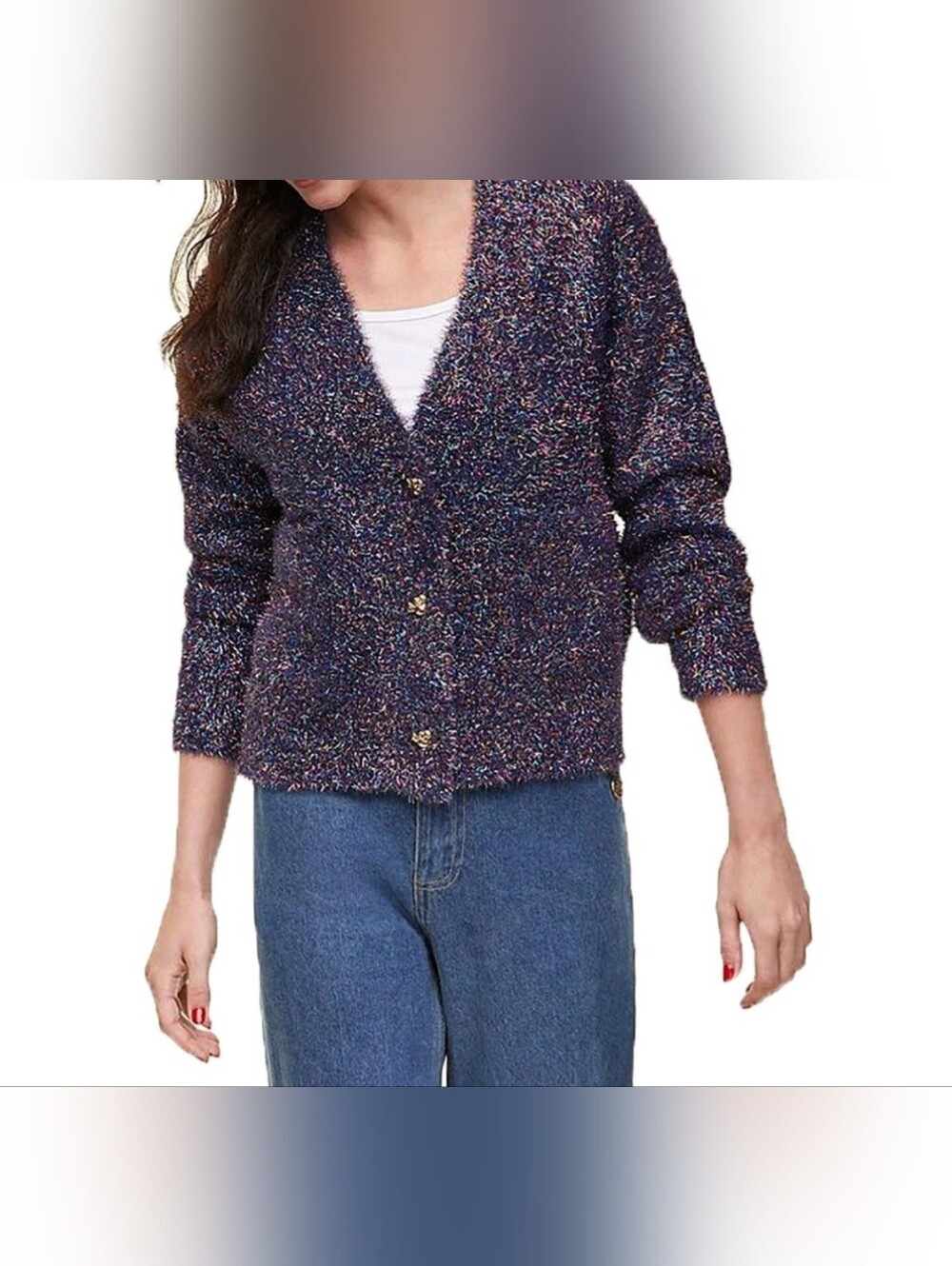 Disney x Macys Cardigan Sweater Large L Sparkly Metallic Shag Knit Purple Blue